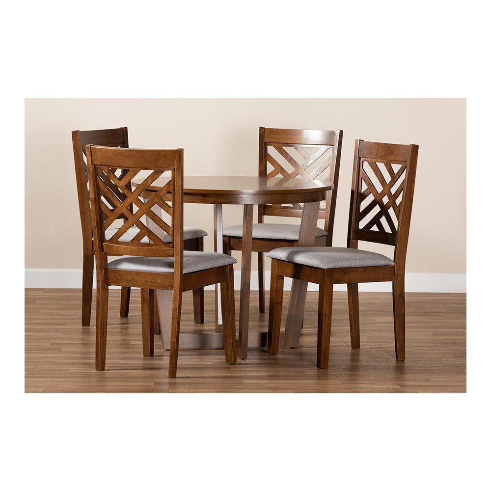 Grey Fabric Upholstered and Walnut Brown Finished Wood 5-Piece Dining Set