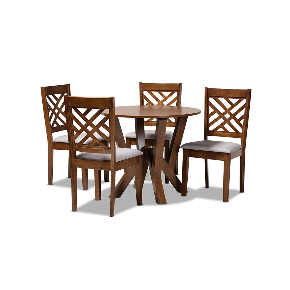 Grey Fabric Upholstered and Walnut Brown Finished Wood 5-Piece Dining Set