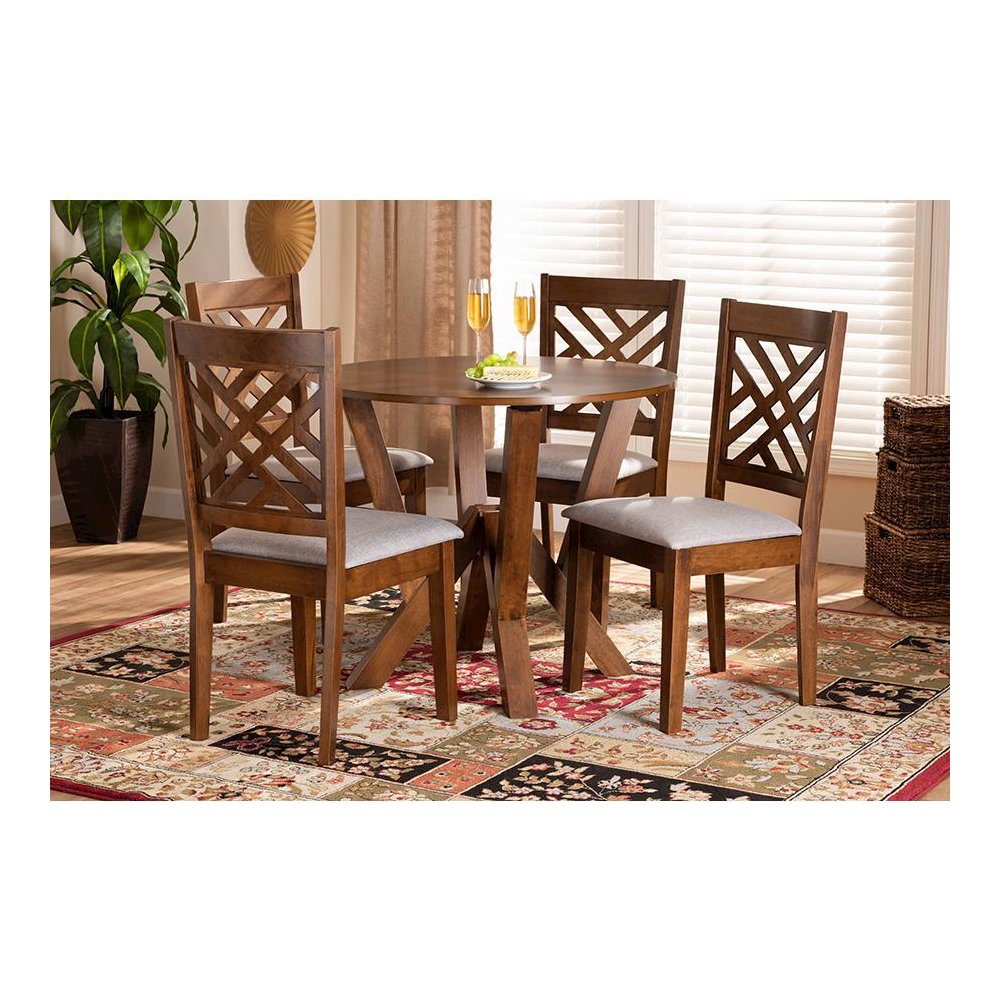 Grey Fabric Upholstered and Walnut Brown Finished Wood 5-Piece Dining Set