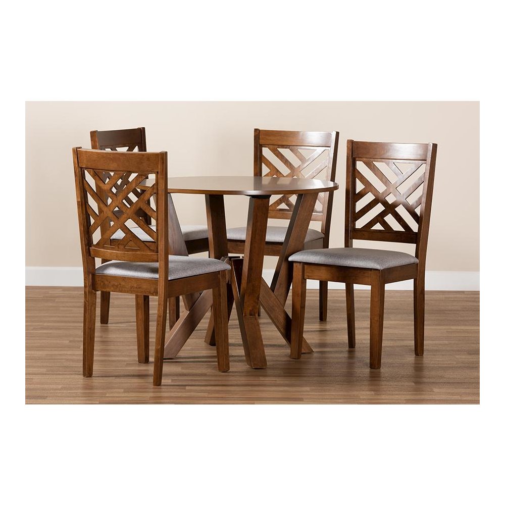 Grey Fabric Upholstered and Walnut Brown Finished Wood 5-Piece Dining Set