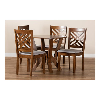 Grey Fabric Upholstered and Walnut Brown Finished Wood 5-Piece Dining Set
