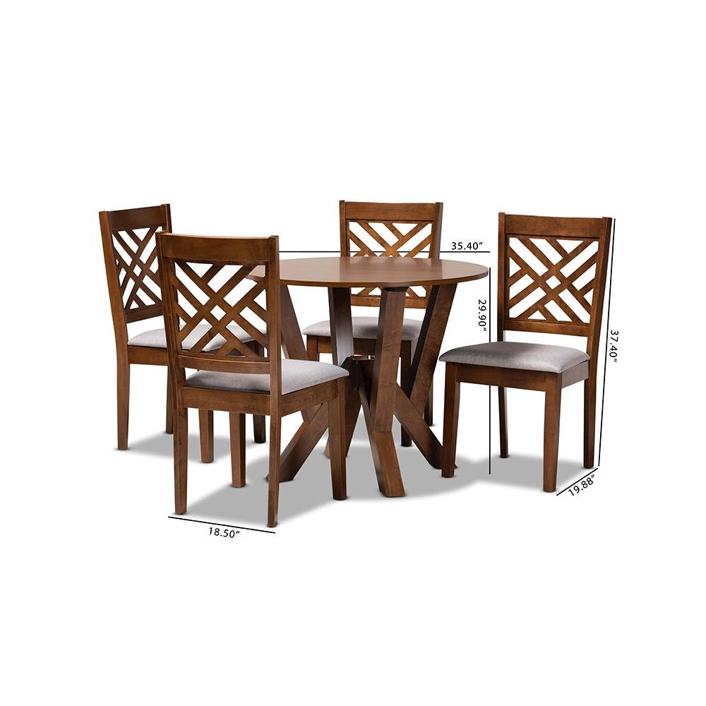 Grey Fabric Upholstered and Walnut Brown Finished Wood 5-Piece Dining Set
