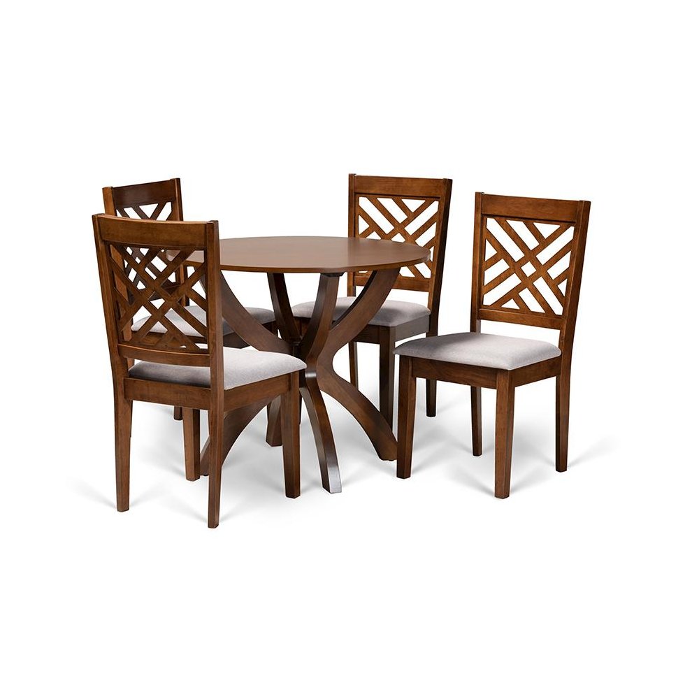 Grey Fabric Upholstered and Walnut Brown Finished Wood 5-Piece Dining Set