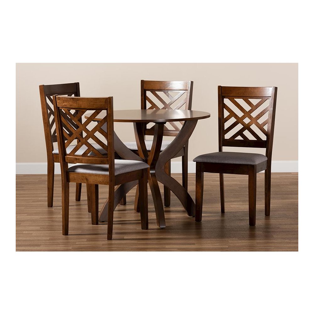 Grey Fabric Upholstered and Walnut Brown Finished Wood 5-Piece Dining Set