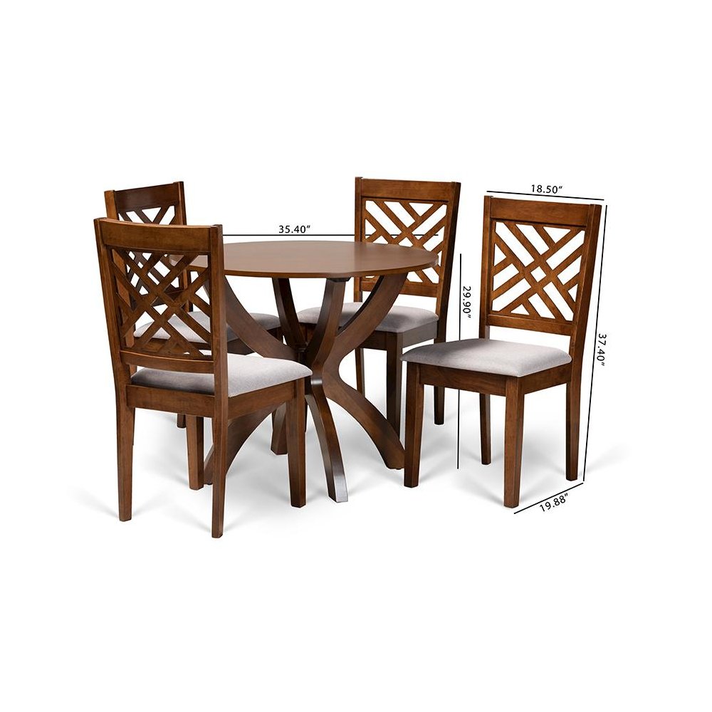 Grey Fabric Upholstered and Walnut Brown Finished Wood 5-Piece Dining Set
