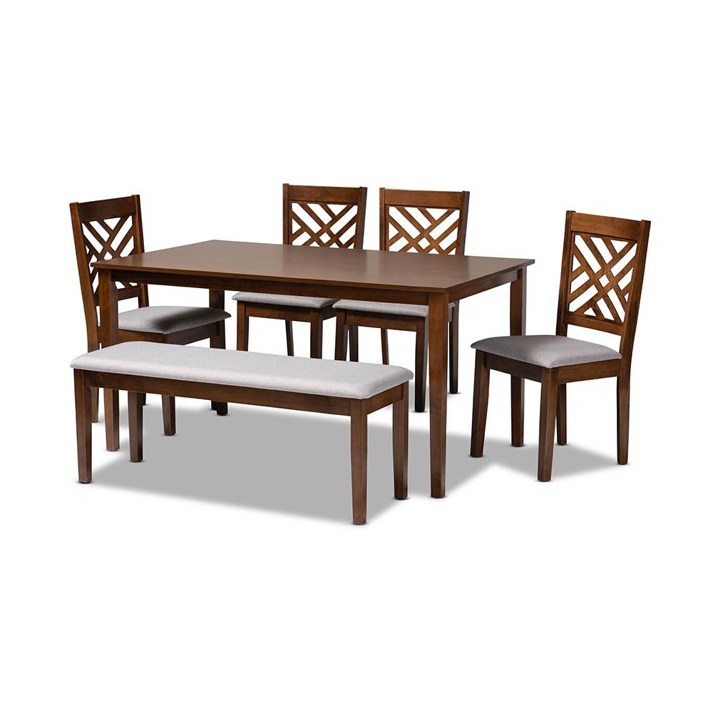 Grey Fabric Upholstered and Walnut Brown Finished Wood 6-Piece Dining Set