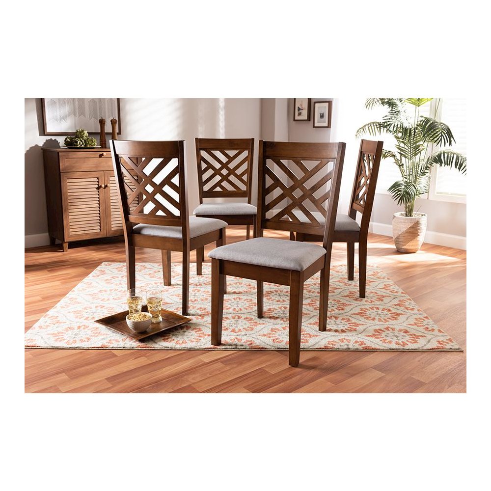Grey Fabric Upholstered Walnut Brown Finished 4-Piece Wood Dining Chair Set Set