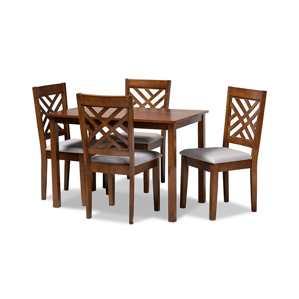 Grey Fabric Upholstered Walnut Brown Finished Wood 5-Piece Dining Set