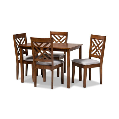 Grey Fabric Upholstered Walnut Brown Finished Wood 5-Piece Dining Set