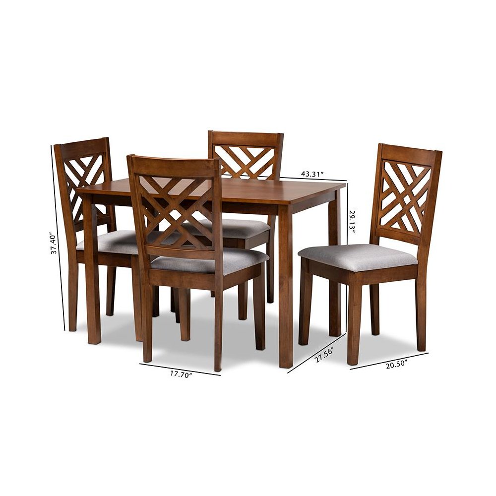 Grey Fabric Upholstered Walnut Brown Finished Wood 5-Piece Dining Set