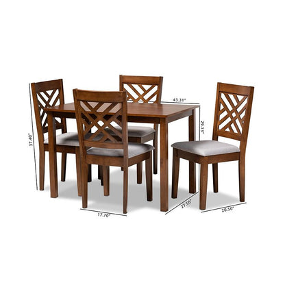 Grey Fabric Upholstered Walnut Brown Finished Wood 5-Piece Dining Set