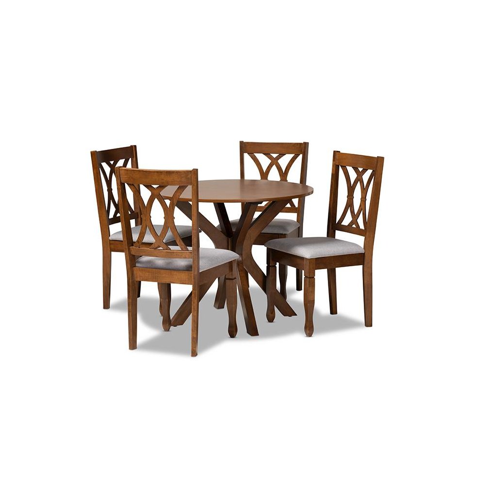 Grey Fabric Upholstered and Walnut Brown Finished Wood 5-Piece Dining Set