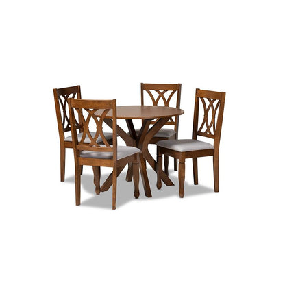 Grey Fabric Upholstered and Walnut Brown Finished Wood 5-Piece Dining Set