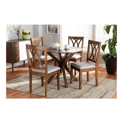 Grey Fabric Upholstered and Walnut Brown Finished Wood 5-Piece Dining Set