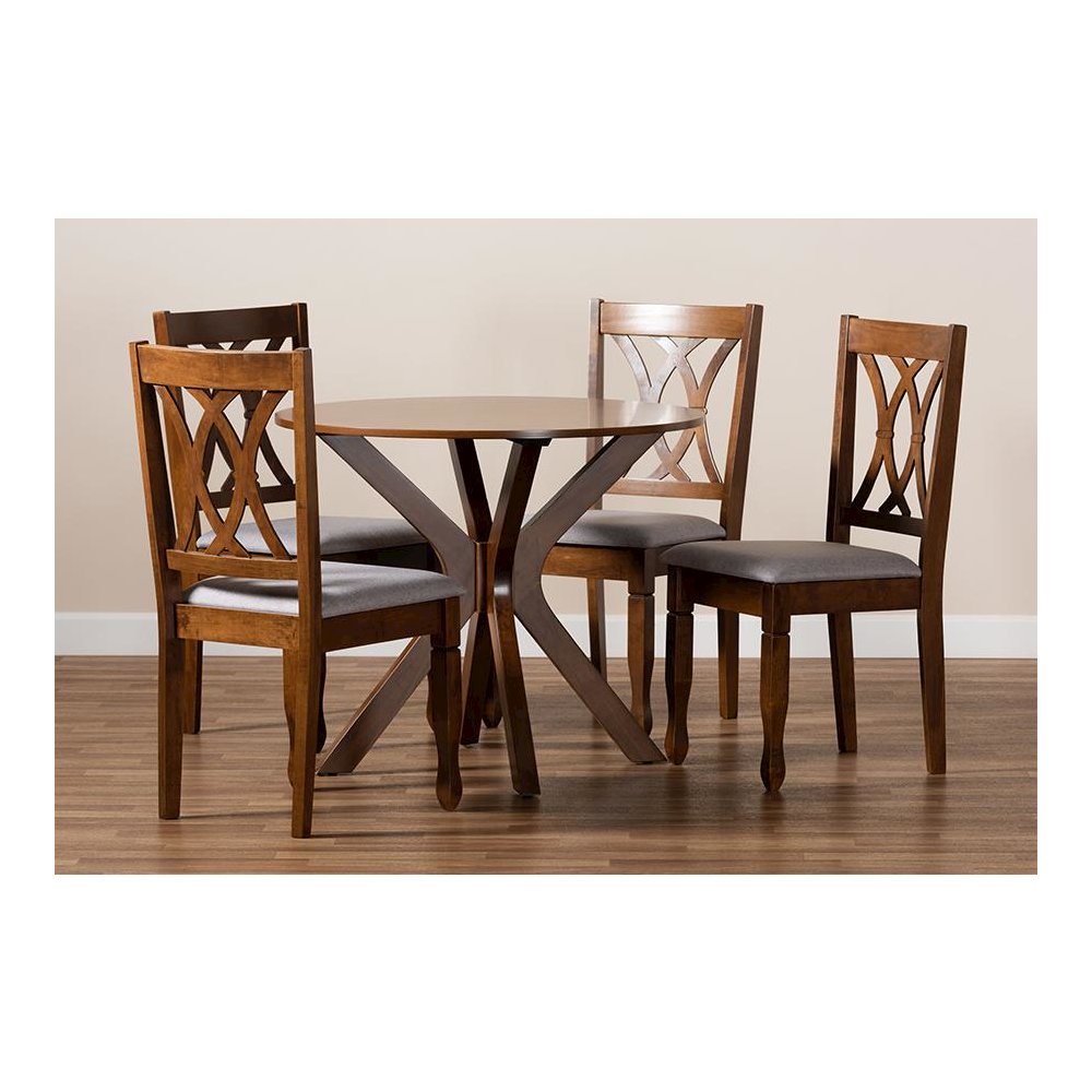 Grey Fabric Upholstered and Walnut Brown Finished Wood 5-Piece Dining Set