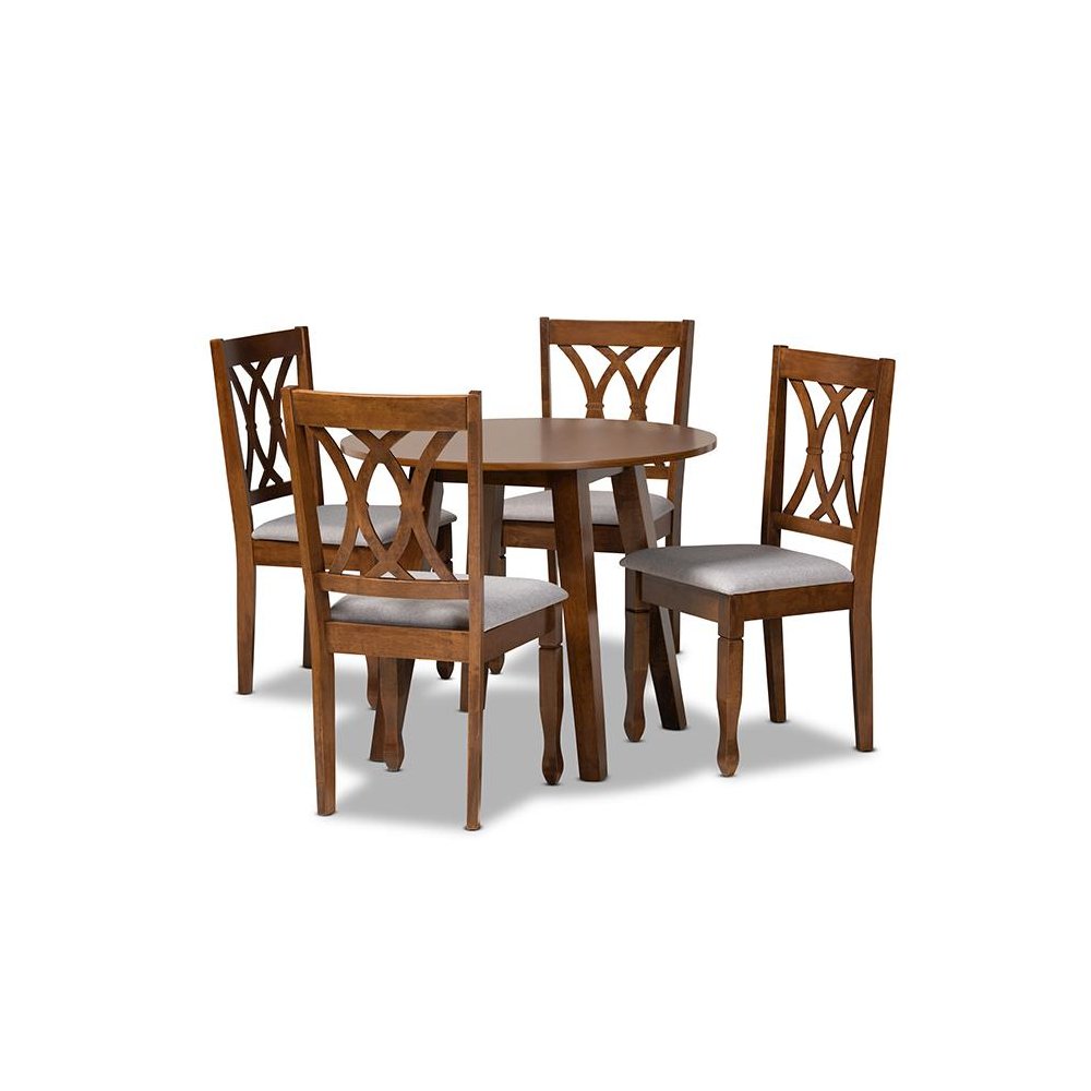Grey Fabric Upholstered and Walnut Brown Finished Wood 5-Piece Dining Set