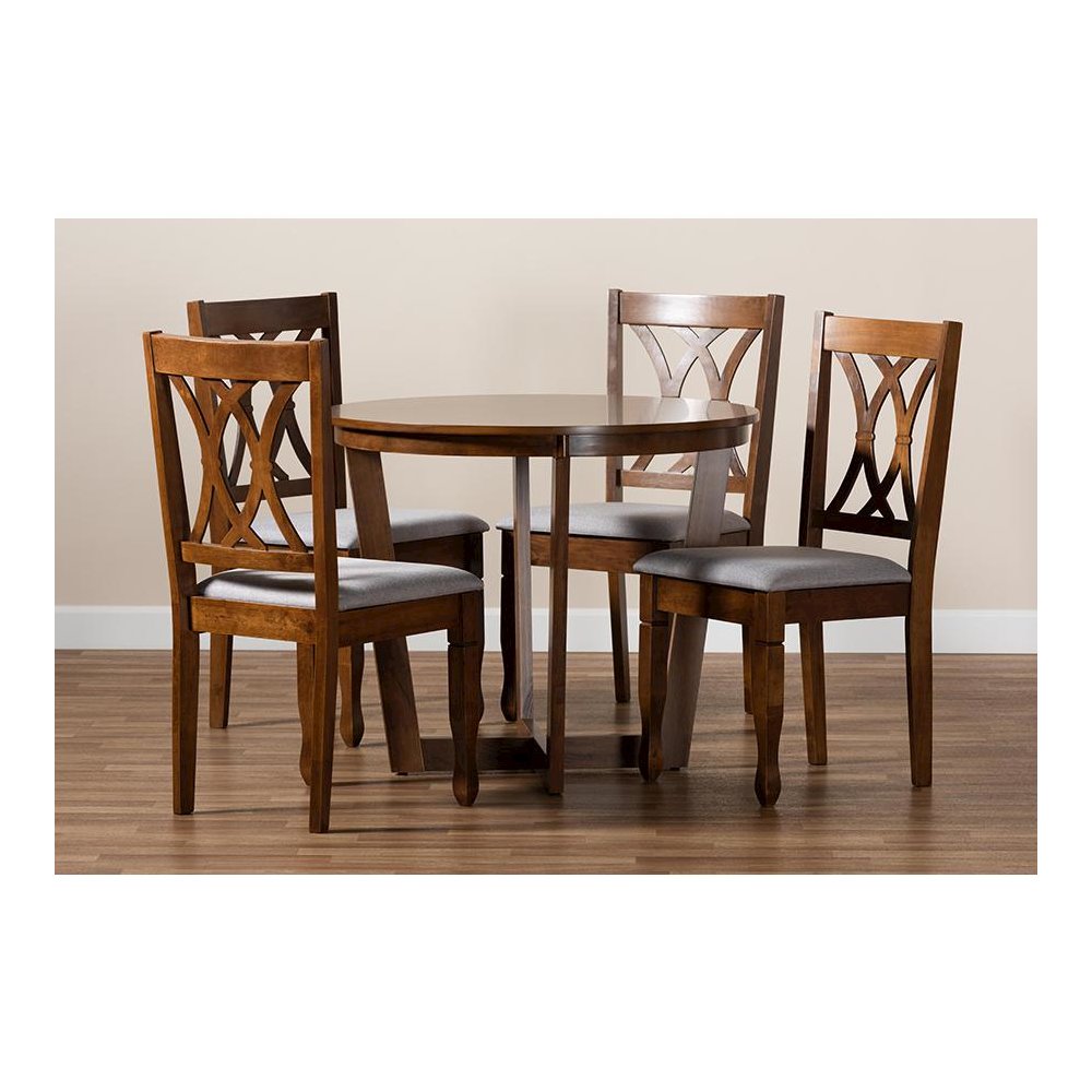 Grey Fabric Upholstered and Walnut Brown Finished Wood 5-Piece Dining Set