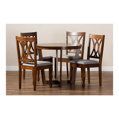 Grey Fabric Upholstered and Walnut Brown Finished Wood 5-Piece Dining Set