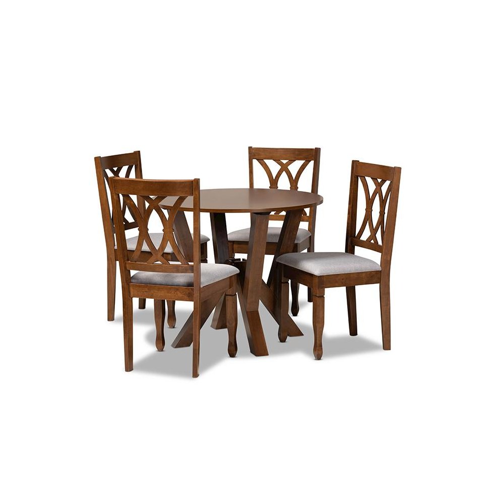Grey Fabric Upholstered and Walnut Brown Finished Wood 5-Piece Dining Set
