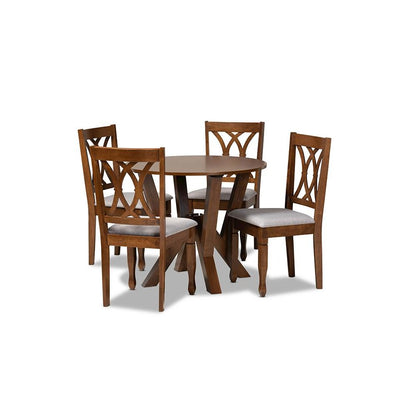 Grey Fabric Upholstered and Walnut Brown Finished Wood 5-Piece Dining Set