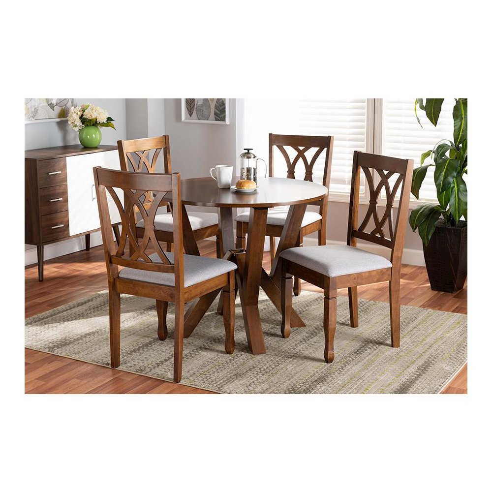 Grey Fabric Upholstered and Walnut Brown Finished Wood 5-Piece Dining Set