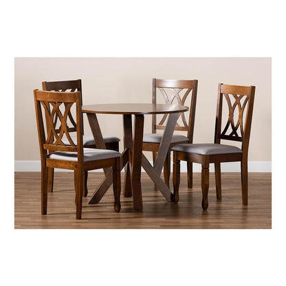Grey Fabric Upholstered and Walnut Brown Finished Wood 5-Piece Dining Set