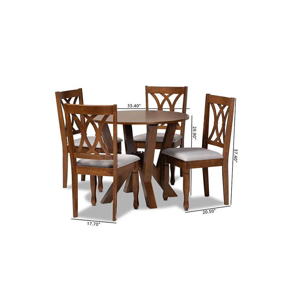 Grey Fabric Upholstered and Walnut Brown Finished Wood 5-Piece Dining Set