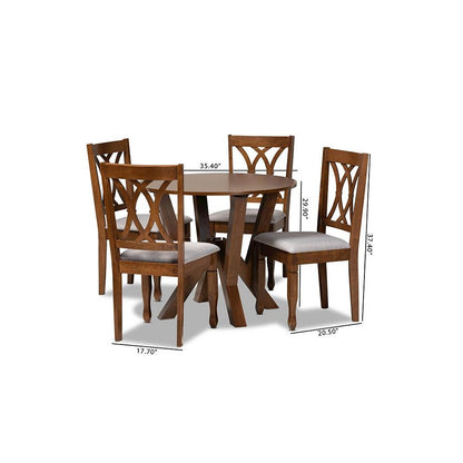 Grey Fabric Upholstered and Walnut Brown Finished Wood 5-Piece Dining Set