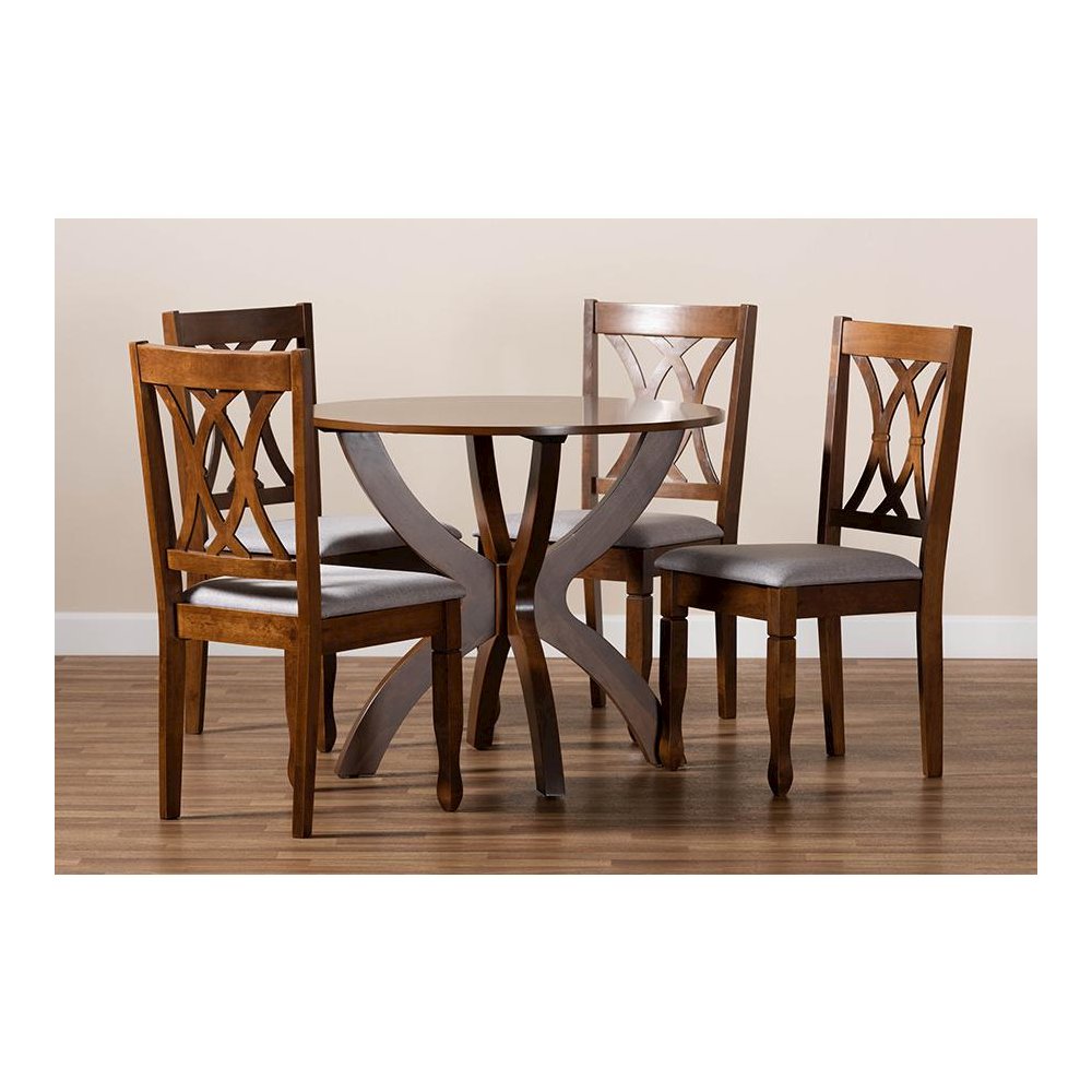 Grey Fabric Upholstered and Walnut Brown Finished Wood 5-Piece Dining Set