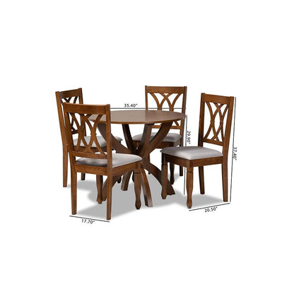 Grey Fabric Upholstered and Walnut Brown Finished Wood 5-Piece Dining Set