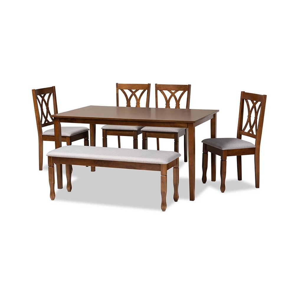 Grey Fabric Upholstered and Walnut Brown Finished Wood 6-Piece Dining Set