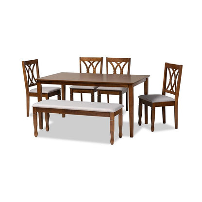 Grey Fabric Upholstered and Walnut Brown Finished Wood 6-Piece Dining Set