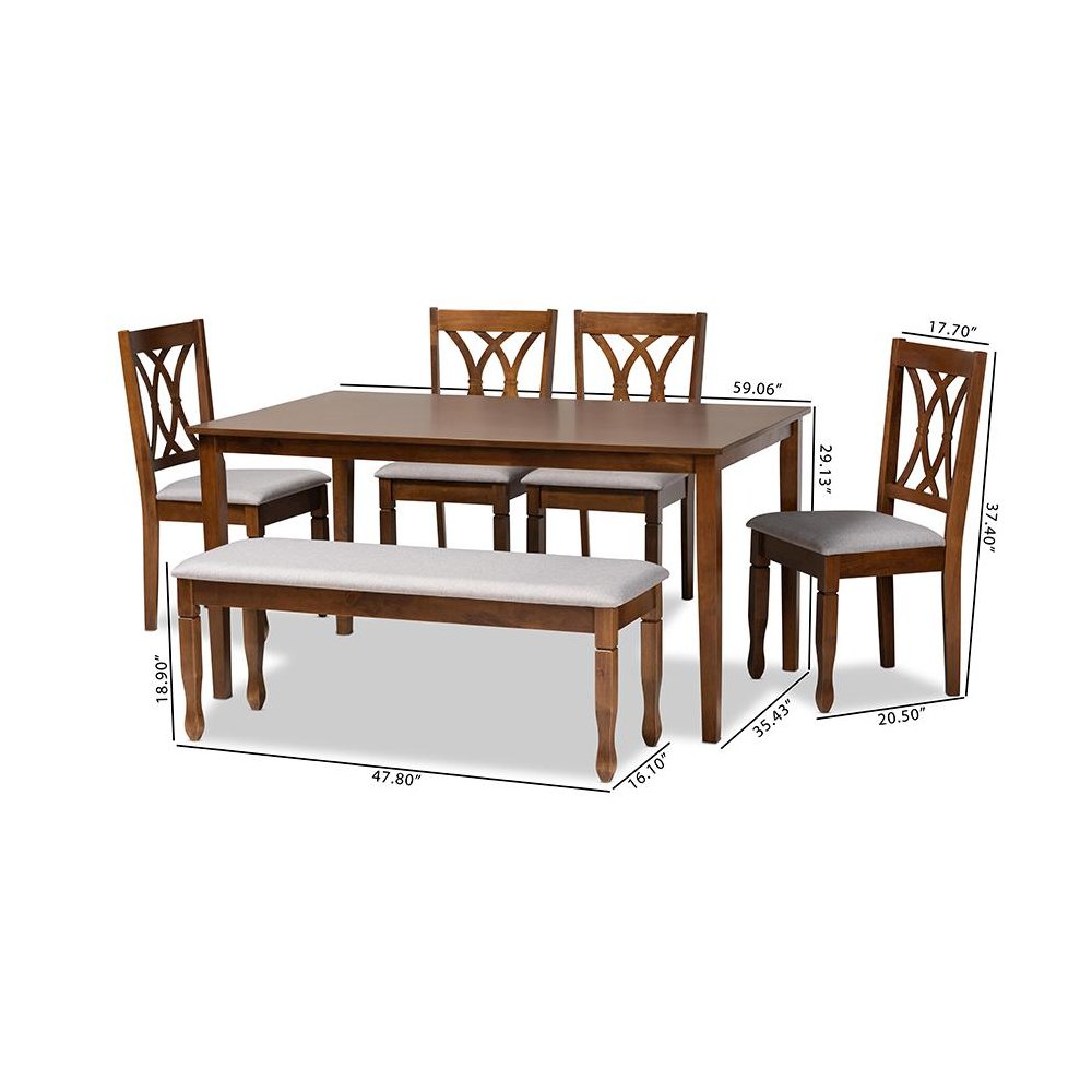 Grey Fabric Upholstered and Walnut Brown Finished Wood 6-Piece Dining Set