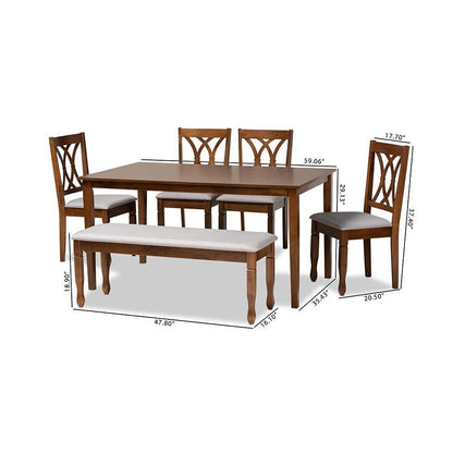 Grey Fabric Upholstered and Walnut Brown Finished Wood 6-Piece Dining Set