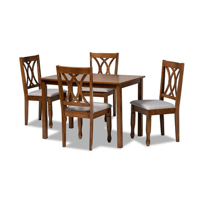 Grey Fabric Upholstered and Walnut Brown Finished Wood 5-Piece Dining Set