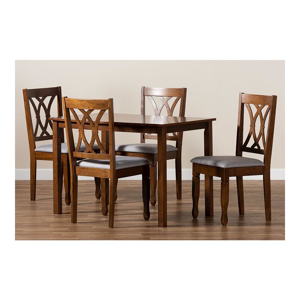 Grey Fabric Upholstered and Walnut Brown Finished Wood 5-Piece Dining Set
