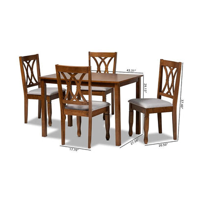Grey Fabric Upholstered and Walnut Brown Finished Wood 5-Piece Dining Set