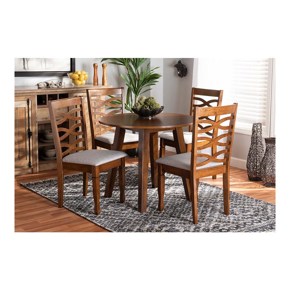 Grey Fabric Upholstered and Walnut Brown Finished Wood 5-Piece Dining Set