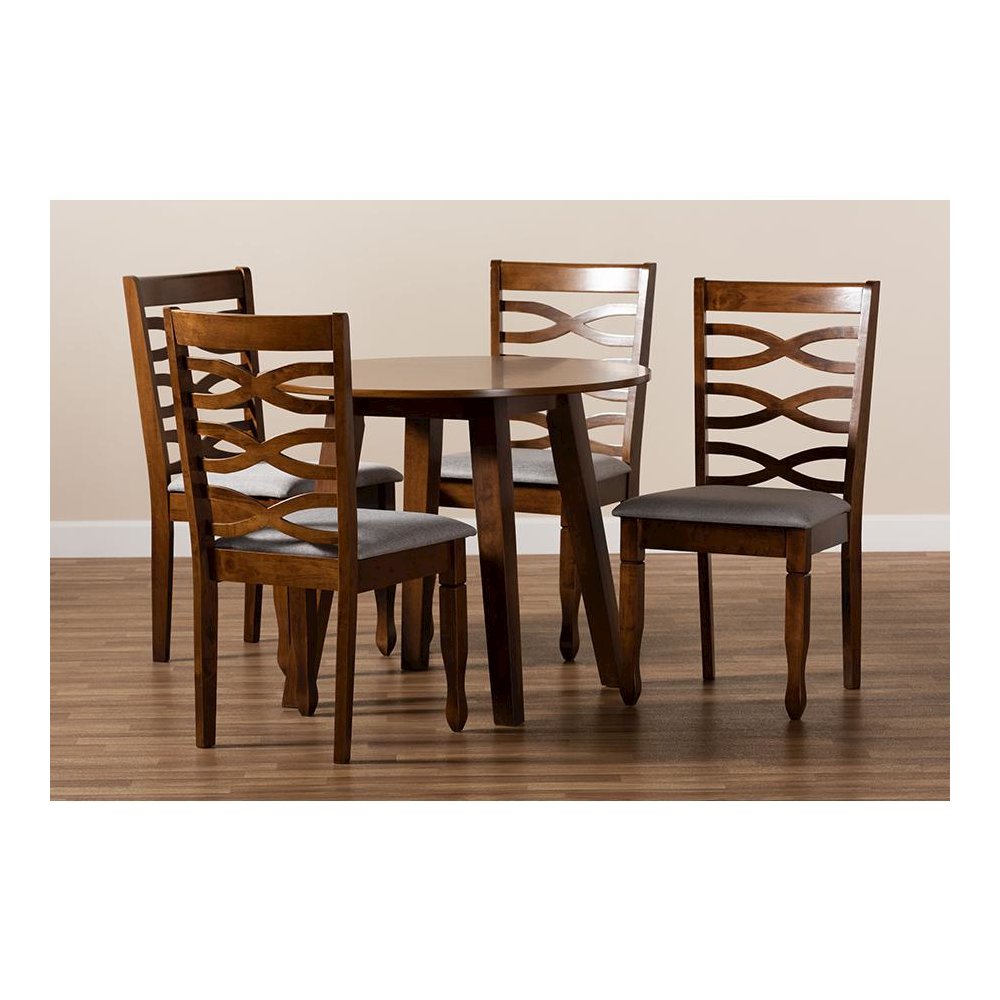 Grey Fabric Upholstered and Walnut Brown Finished Wood 5-Piece Dining Set