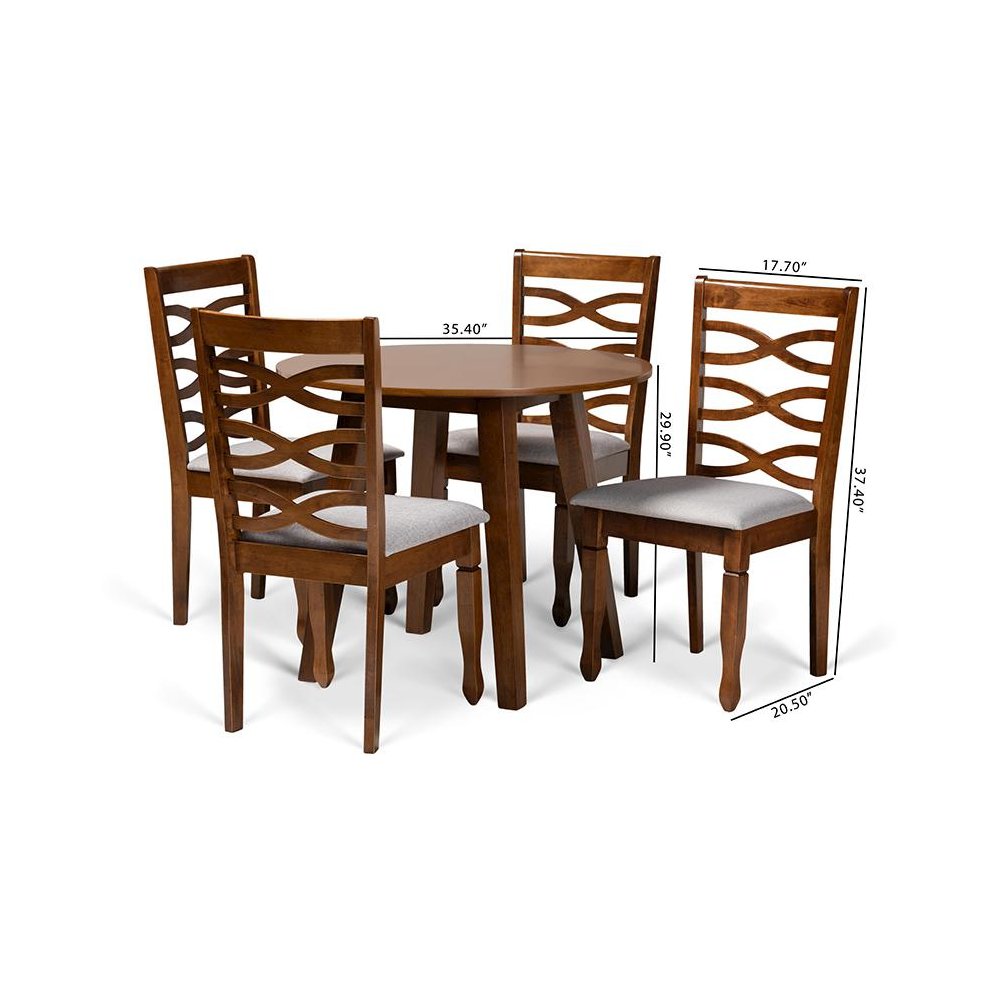Grey Fabric Upholstered and Walnut Brown Finished Wood 5-Piece Dining Set