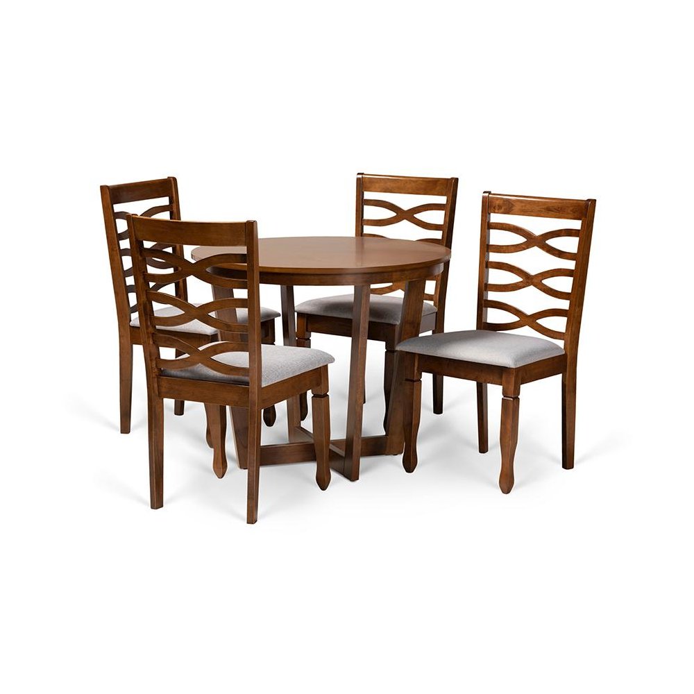 Grey Fabric Upholstered and Walnut Brown Finished Wood 5-Piece Dining Set
