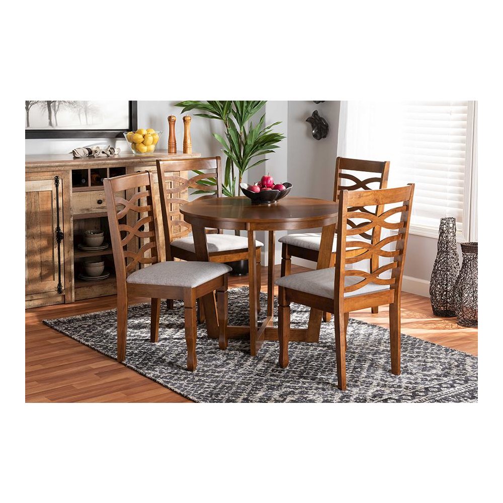 Grey Fabric Upholstered and Walnut Brown Finished Wood 5-Piece Dining Set