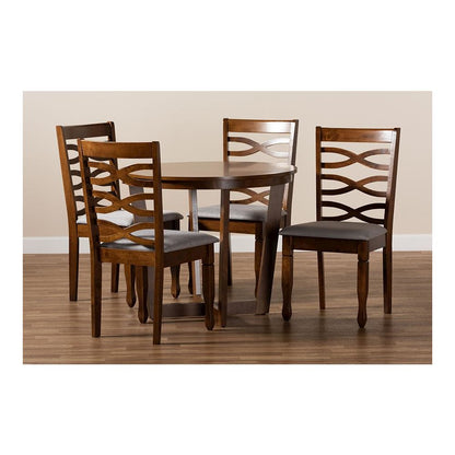 Grey Fabric Upholstered and Walnut Brown Finished Wood 5-Piece Dining Set
