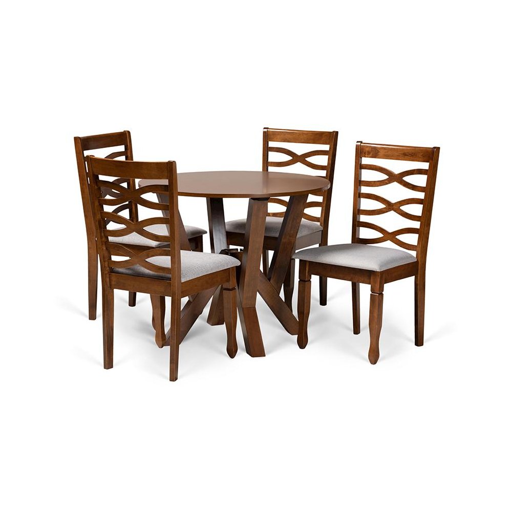 Grey Fabric Upholstered and Walnut Brown Finished Wood 5-Piece Dining Set