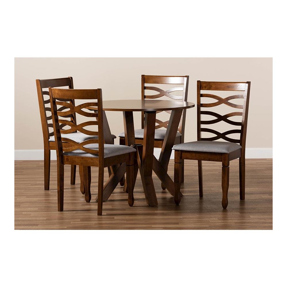 Grey Fabric Upholstered and Walnut Brown Finished Wood 5-Piece Dining Set