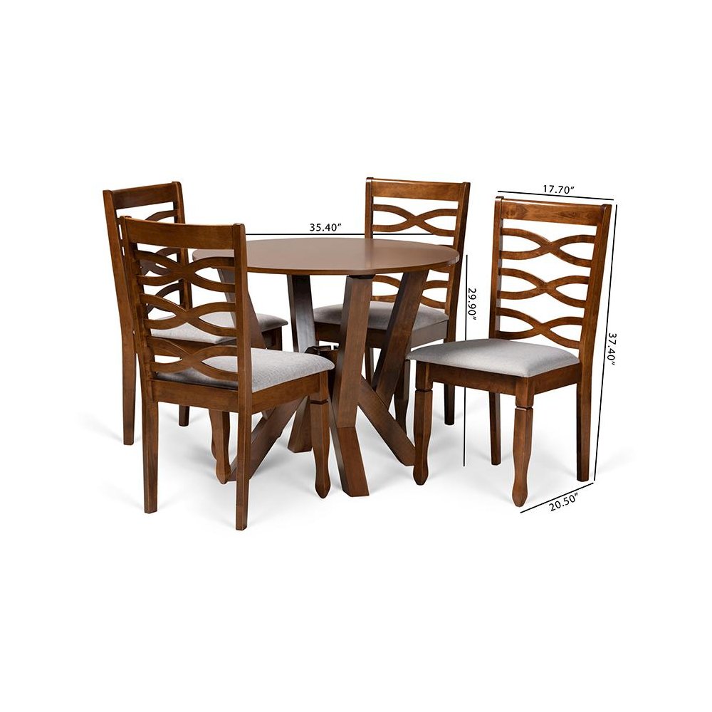 Grey Fabric Upholstered and Walnut Brown Finished Wood 5-Piece Dining Set