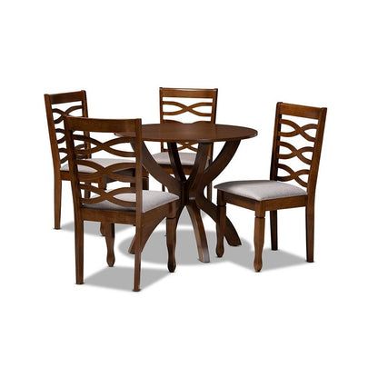 Grey Fabric Upholstered and Walnut Brown Finished Wood 5-Piece Dining Set