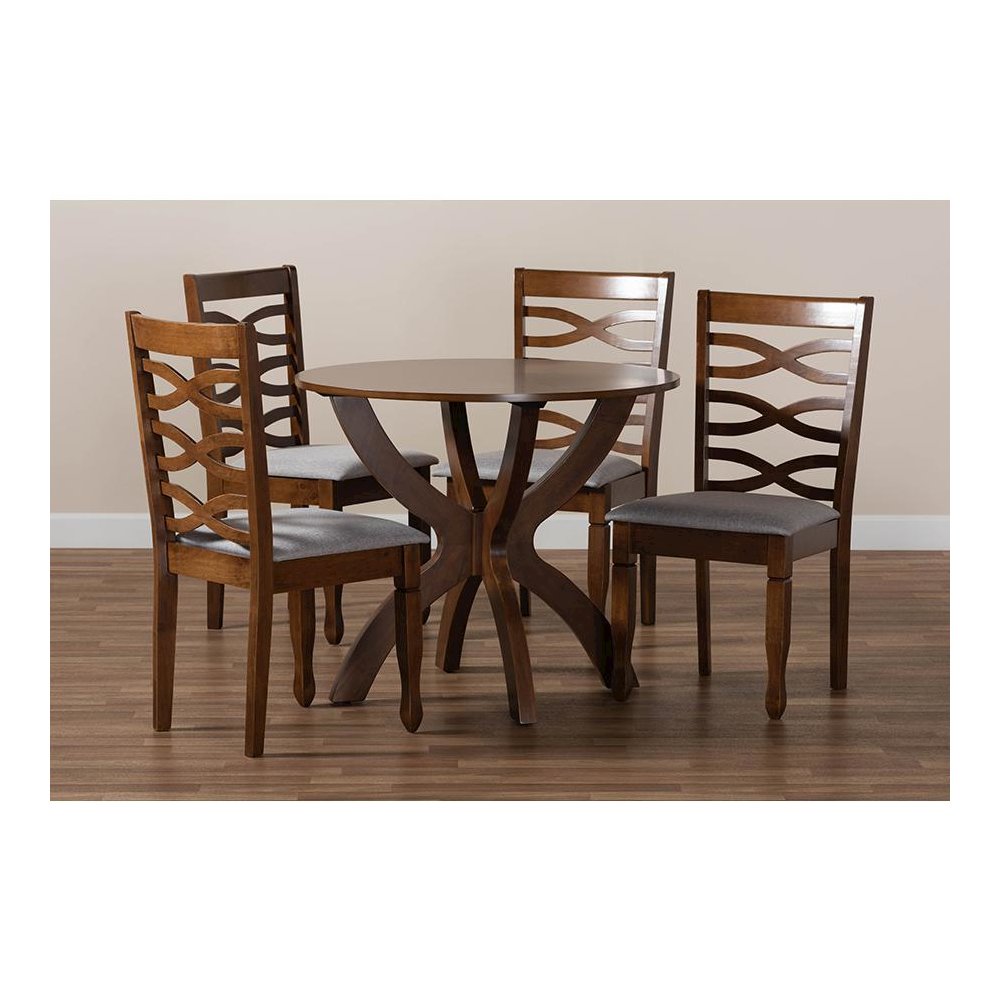 Grey Fabric Upholstered and Walnut Brown Finished Wood 5-Piece Dining Set