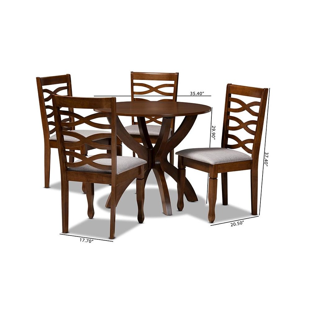 Grey Fabric Upholstered and Walnut Brown Finished Wood 5-Piece Dining Set