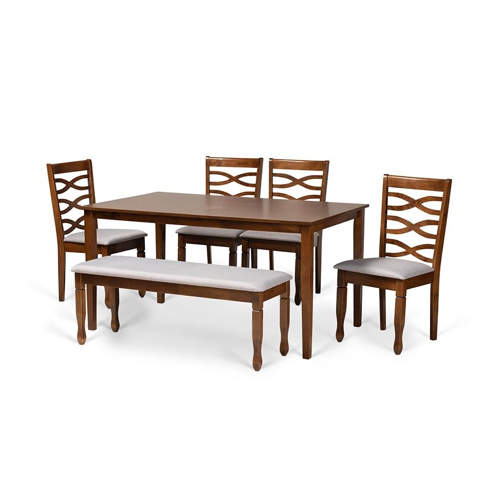 Grey Fabric Upholstered and Walnut Brown Finished Wood 6-Piece Dining Set